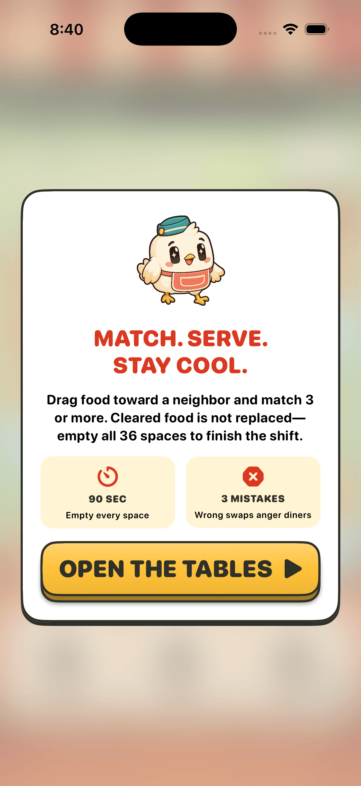 Match and Serve tutorial board before the first shift