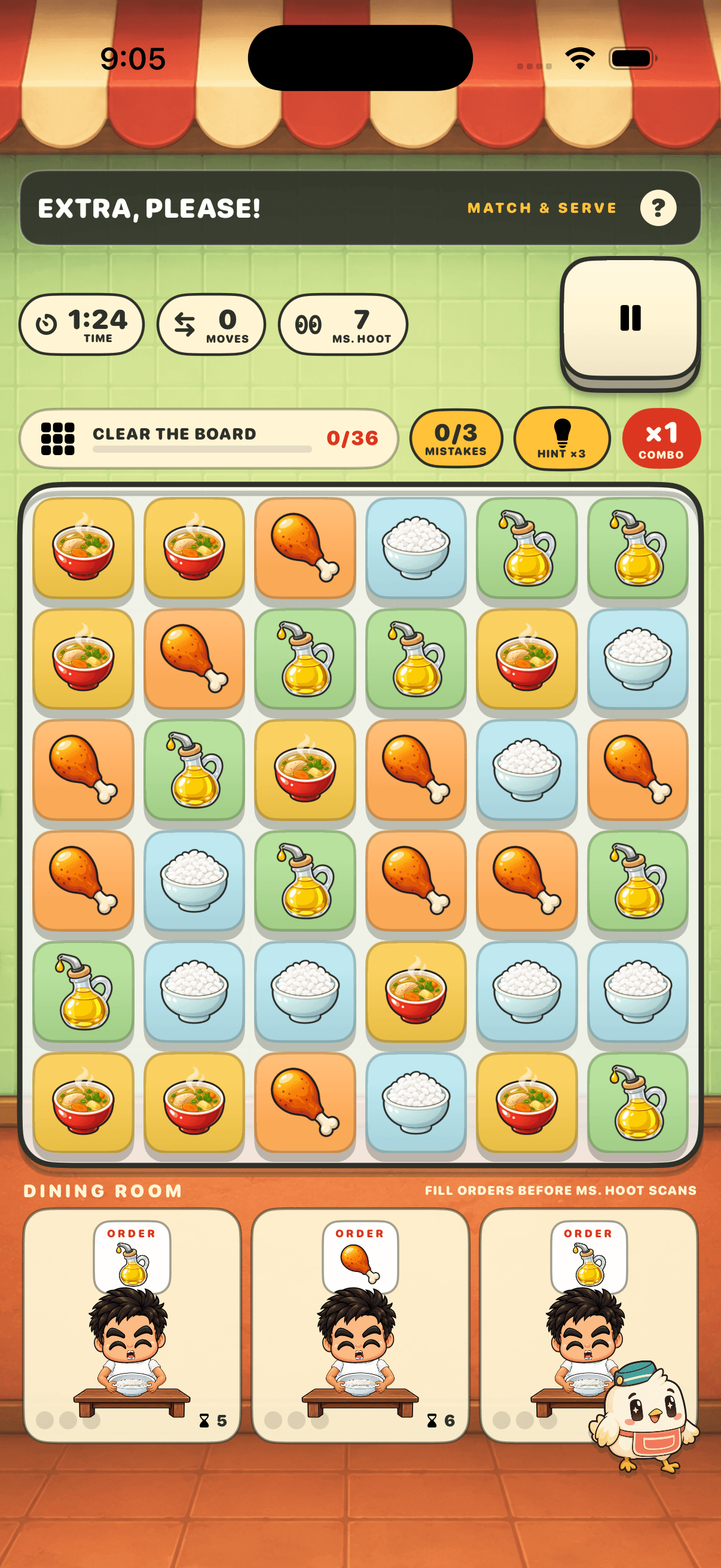 A live Match and Serve board with active diner orders